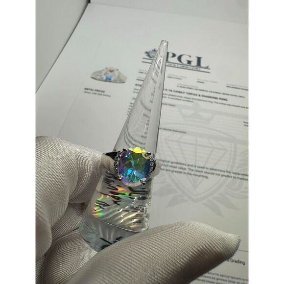 Lab Grown Oval Cut Rainbow Topaz with Diamond on Sterling Silver Ring - Picture 1 of 6